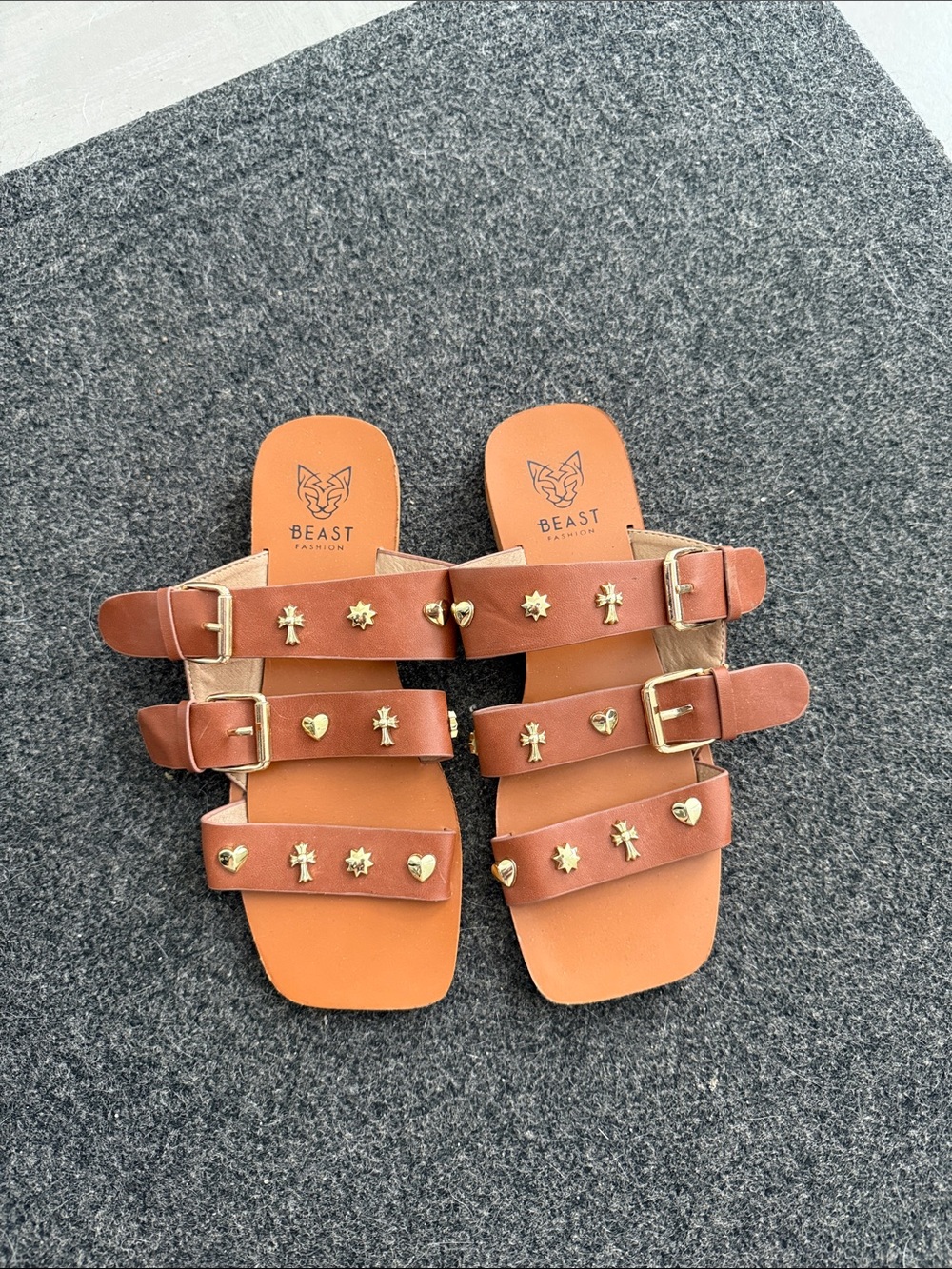 BEAST FASHION Tan Brown Studded Triple-Strap Slide Sandals